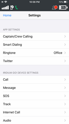 Iridium GO! App Settings Screen